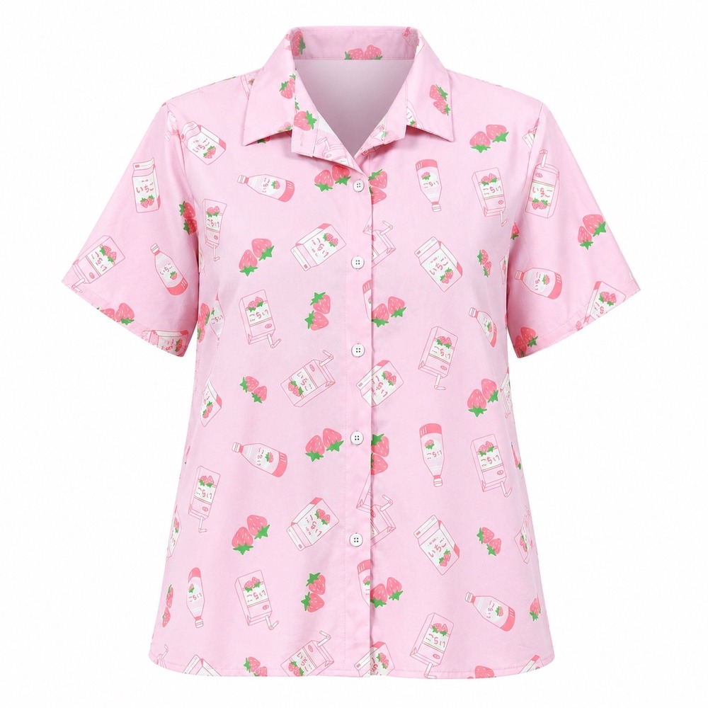 Pink Strawberry Milk Graphic Button Up pajama Shirt Womens Small PJ girly pastel